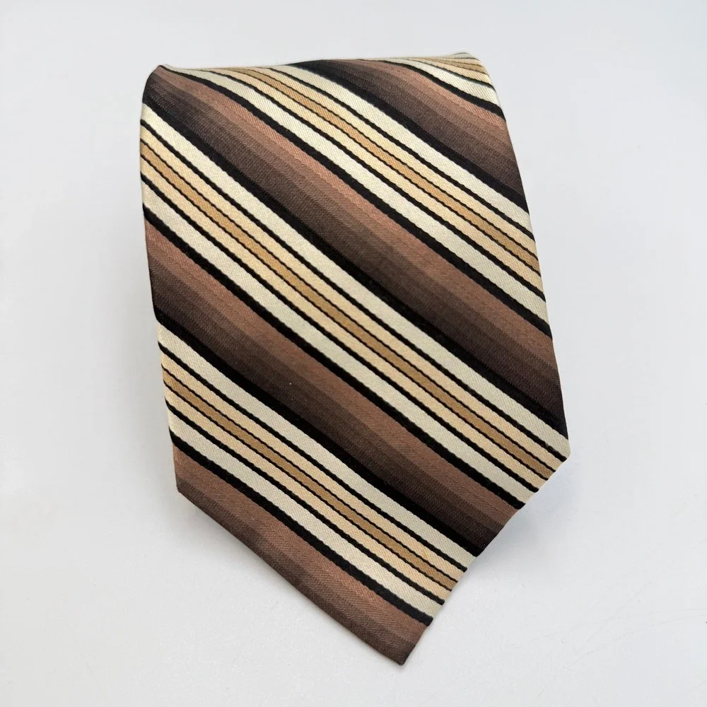 Van Heusen Mens Silk Necktie Brown Tan Cream Striped‎ Classic Business Tie
